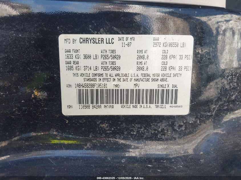 2008 Chrysler Aspen Limited VIN: 1A8HW58288F105181 Lot: 43862329