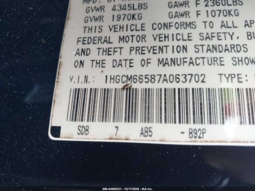 2007 Honda Accord 3.0 Ex VIN: 1HGCM66587A063702 Lot: 43862331