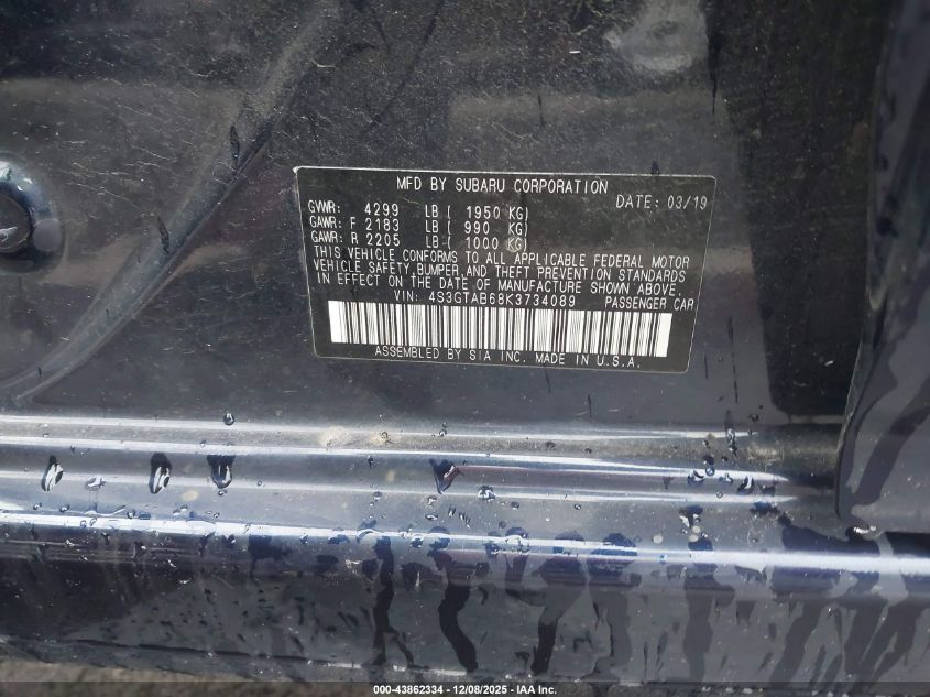 2019 Subaru Impreza 2.0I VIN: 4S3GTAB68K3734089 Lot: 43862334