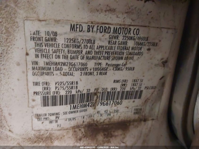 2009 Mercury Sable Premier VIN: 1MEHM42W79G617060 Lot: 43862335