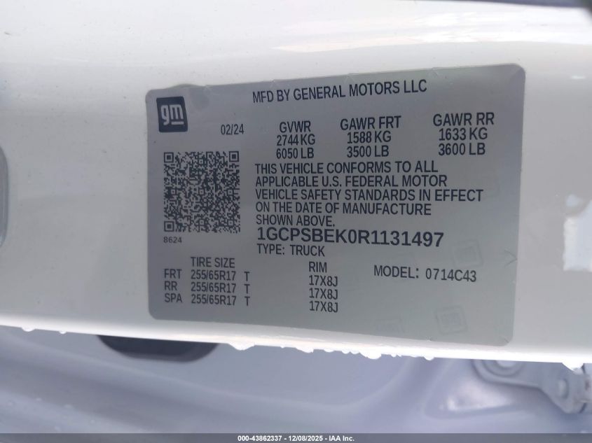 2024 Chevrolet Colorado 2Wd Wt VIN: 1GCPSBEK0R1131497 Lot: 43862337