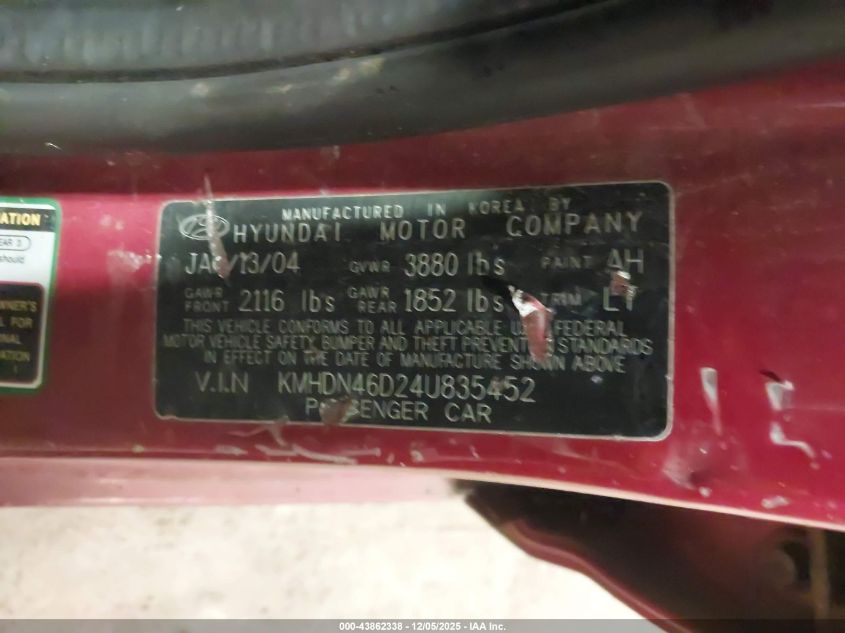2004 Hyundai Elantra Gls/Gt VIN: KMHDN46D24U835452 Lot: 43862338