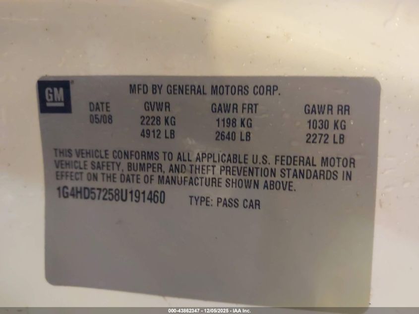 2008 Buick Lucerne Cxl VIN: 1G4HD57258U191460 Lot: 43862347