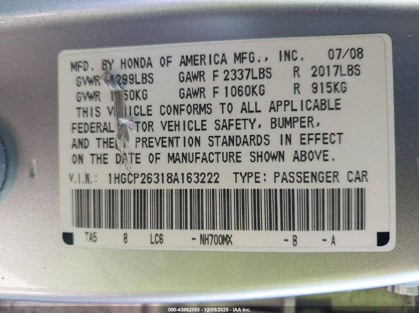 2008 Honda Accord 2.4 Lx VIN: 1HGCP26318A163222 Lot: 43862355