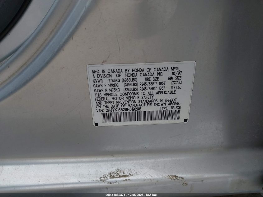 2008 Honda Ridgeline Rtl VIN: 2HJYK16528H519298 Lot: 43862371