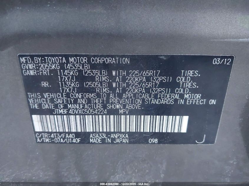 2012 Toyota Rav4 VIN: JTMBF4DVXC5054224 Lot: 43862380