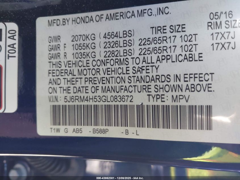 2016 Honda Cr-V Ex VIN: 5J6RM4H53GL083672 Lot: 43862381