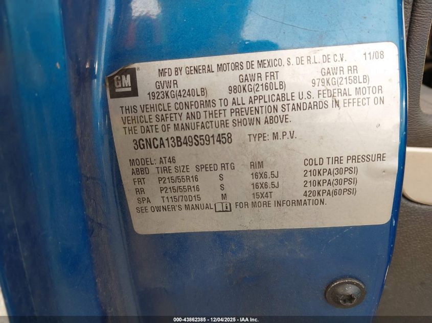 2009 Chevrolet Hhr Ls VIN: 3GNCA13B49S591458 Lot: 43862385