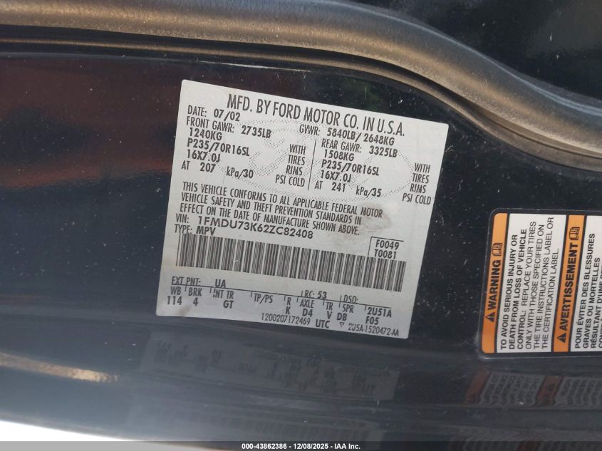 2002 Ford Explorer Xlt VIN: 1FMDU73K62ZC82408 Lot: 43862386