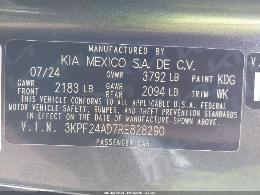 2024 Kia Forte Lxs VIN: 3KPF24AD7RE828290 Lot: 43862393