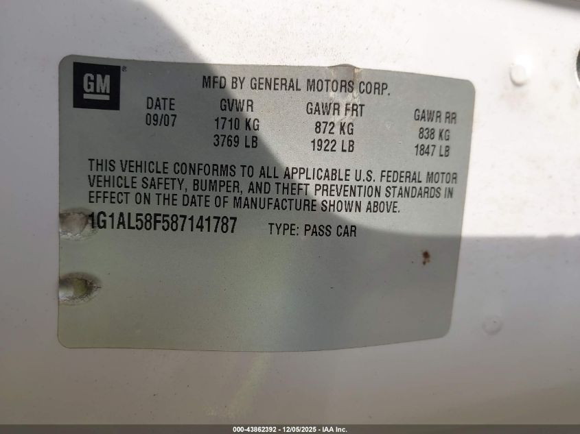 2008 Chevrolet Cobalt Lt VIN: 1G1AL58F587141787 Lot: 43862392