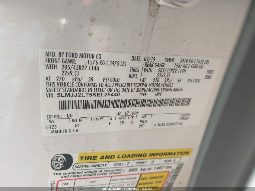 2019 Lincoln Navigator Reserve VIN: 5LMJJ2LT5KEL25440 Lot: 43862401