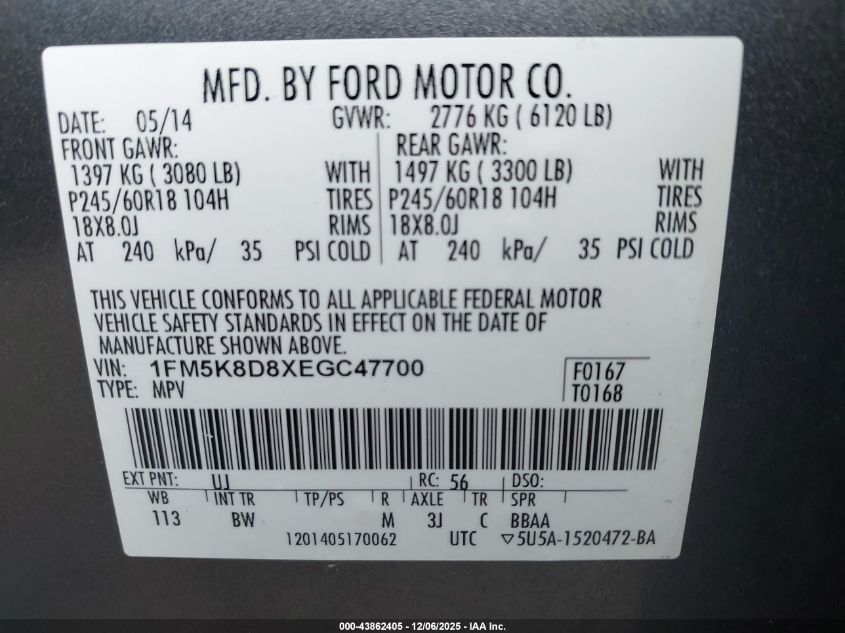 2014 Ford Explorer Xlt VIN: 1FM5K8D8XEGC47700 Lot: 43862405