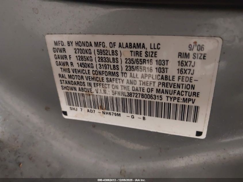 2007 Honda Odyssey Ex-L VIN: 5FNRL38727B006315 Lot: 43862413