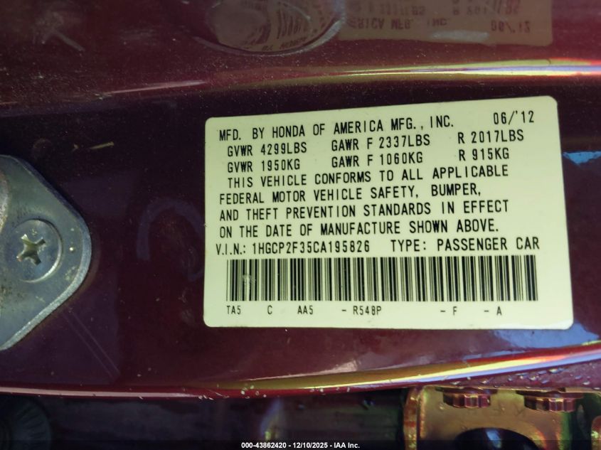 2012 Honda Accord 2.4 Lx VIN: 1HGCP2F35CA195826 Lot: 43862420
