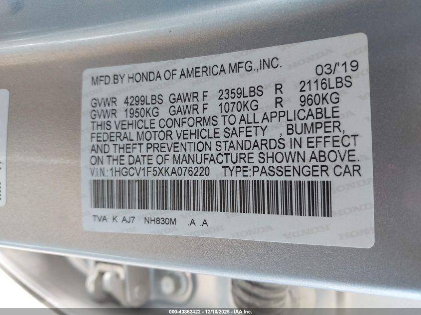 2019 Honda Accord Ex-L VIN: 1HGCV1F5XKA076220 Lot: 43862422