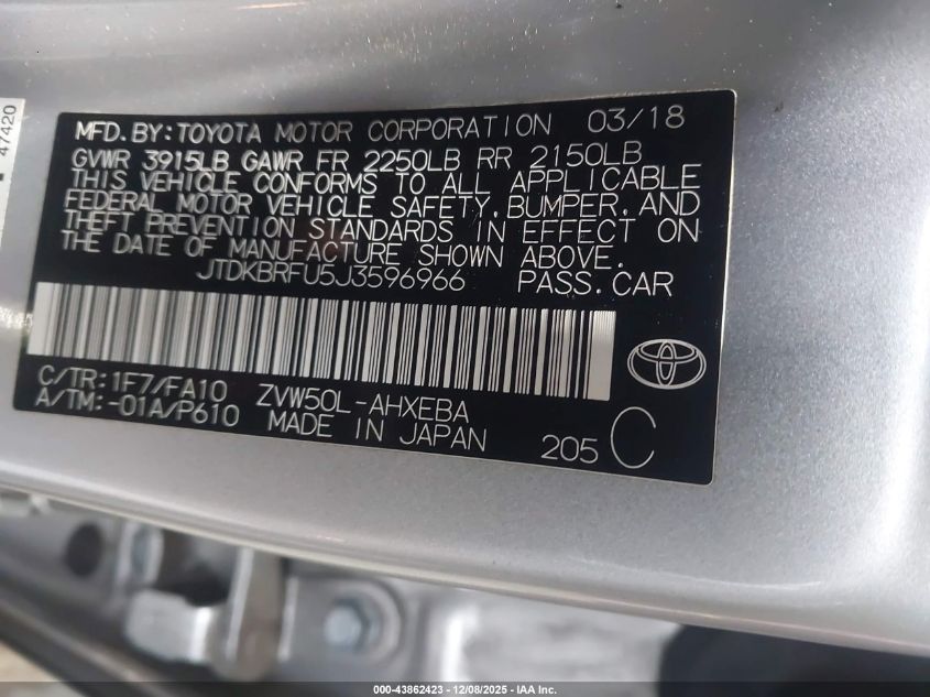 2018 Toyota Prius Two VIN: JTDKBRFU5J3596966 Lot: 43862423