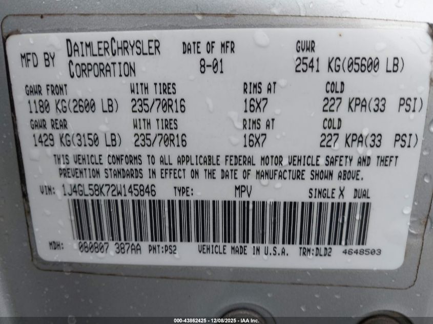 2002 Jeep Liberty Limited Edition VIN: 1J4GL58K72W145846 Lot: 43862425