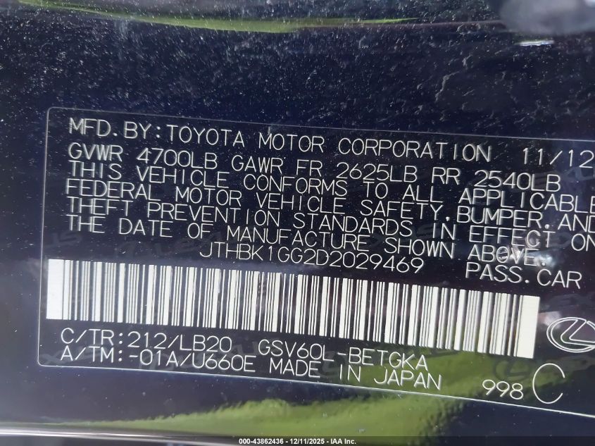 2013 Lexus Es 350 VIN: JTHBK1GG2D2029469 Lot: 43862436