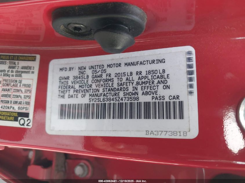 2005 Pontiac Vibe VIN: 5Y2SL63845Z473598 Lot: 43862441