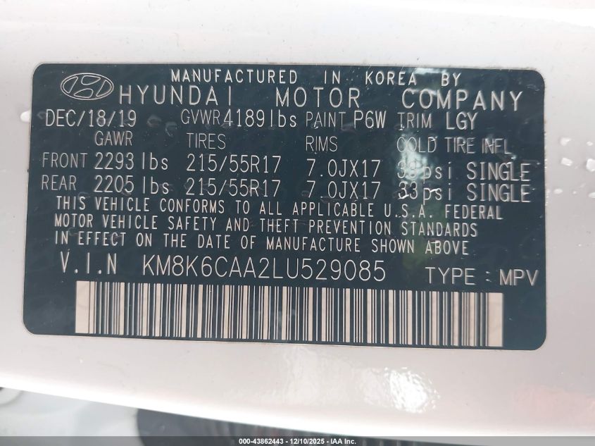 2020 Hyundai Kona Sel Plus VIN: KM8K6CAA2LU529085 Lot: 43862443