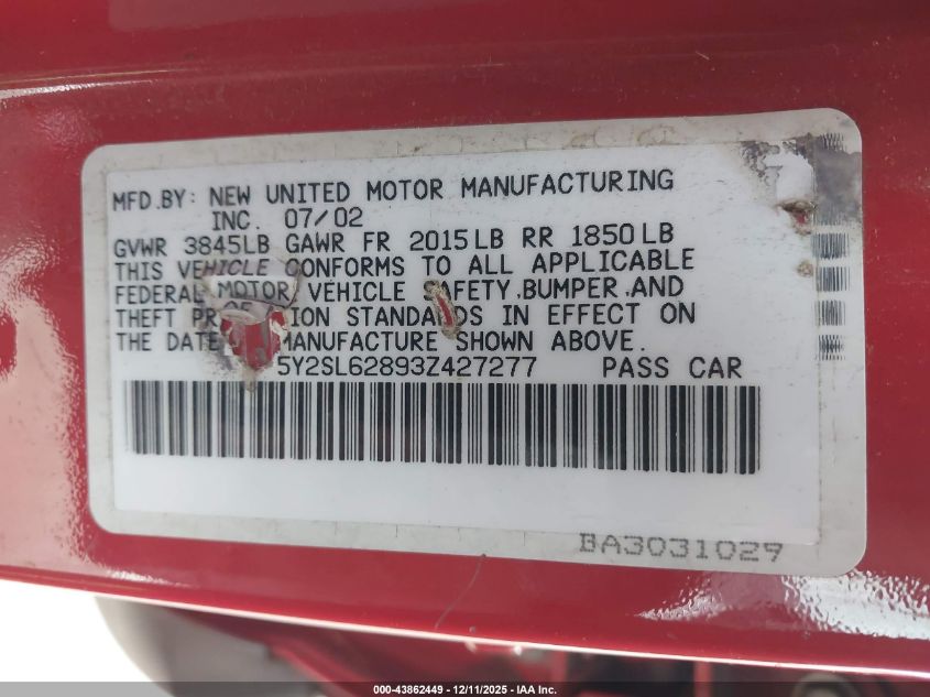 2003 Pontiac Vibe VIN: 5Y2SL62893Z427277 Lot: 43862449