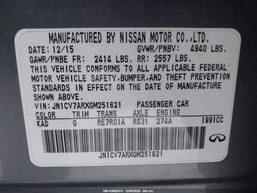 2016 Infiniti Q50 2.0T Premium VIN: JN1CV7ARXGM251621 Lot: 43862474