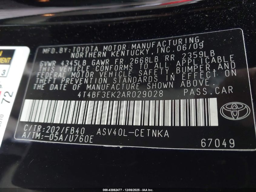 2010 Toyota Camry Le VIN: 4T4BF3EK2AR029028 Lot: 43862477