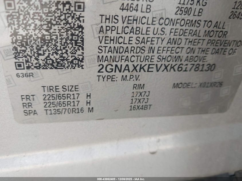 2019 Chevrolet Equinox Lt VIN: 2GNAXKEVXK6178130 Lot: 43862489