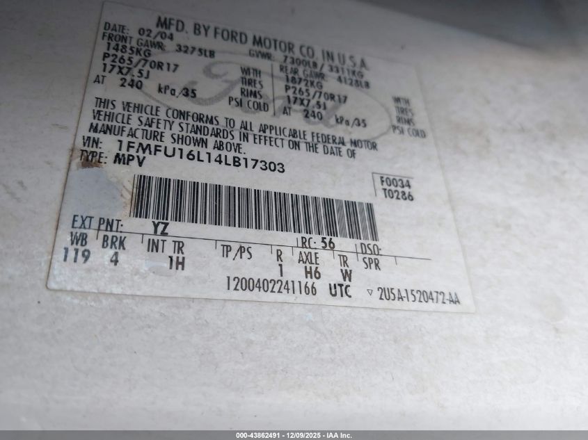 2004 Ford Expedition Nbx/Xlt VIN: 1FMFU16L14LB17303 Lot: 43862491