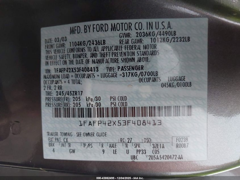2003 Ford Mustang Gt VIN: 1FAFP42X53F408413 Lot: 43862495
