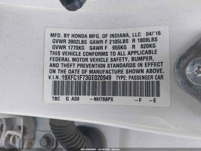 2016 Honda Civic Ex-L VIN: 19XFC1F73GE020949 Lot: 43862504