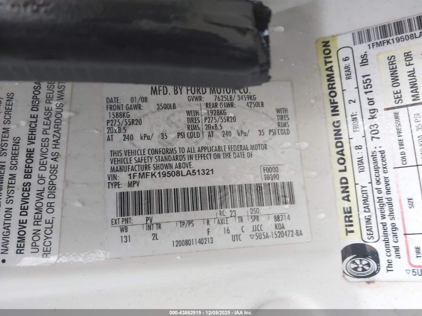 2008 Ford Expedition El Limited VIN: 1FMFK19508LA51321 Lot: 43862519
