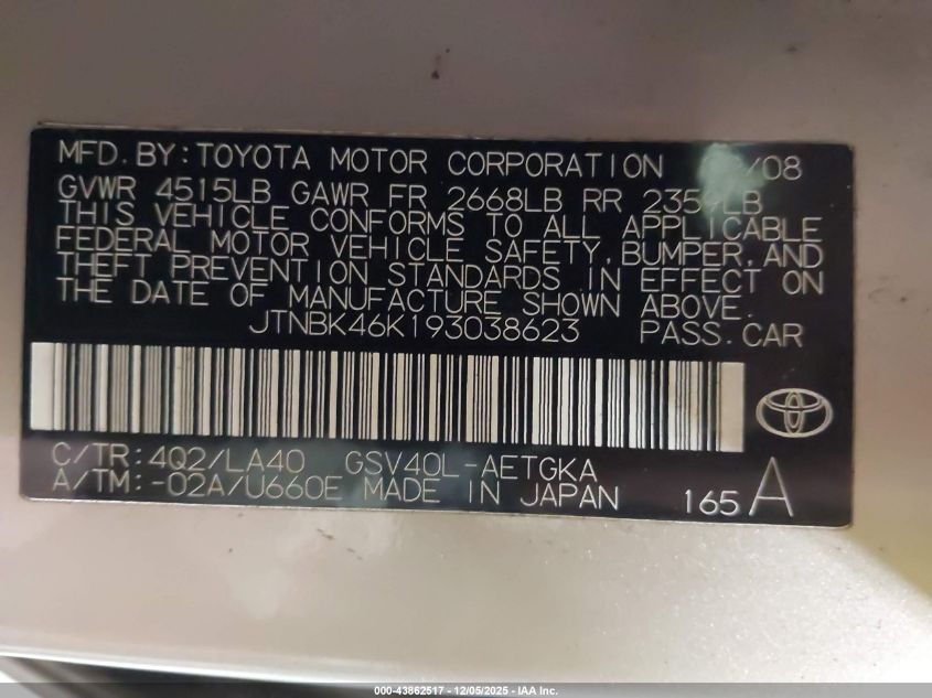 2009 Toyota Camry Xle V6 VIN: JTNBK46K193038623 Lot: 43862517