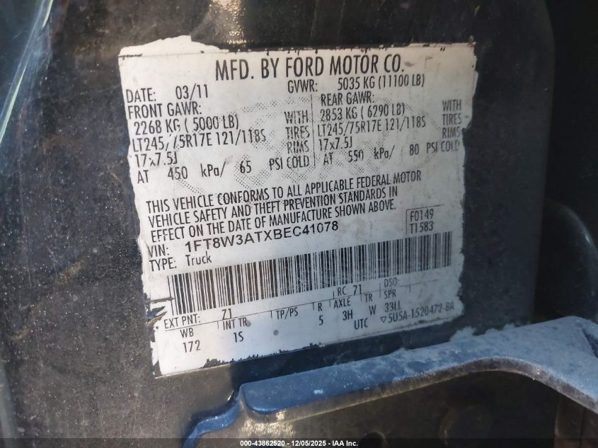 2011 Ford F-350 Xl VIN: 1FT8W3ATXBEC41078 Lot: 43862520