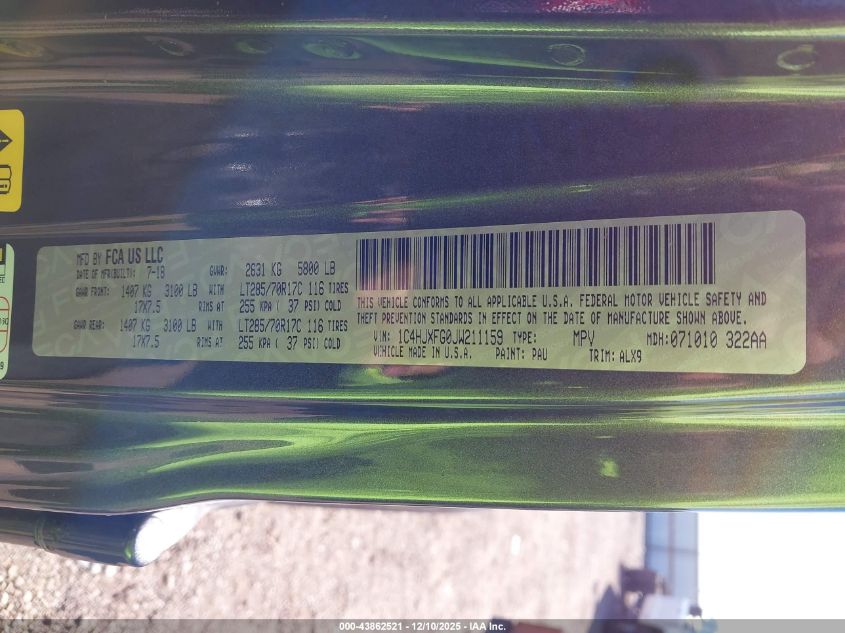 2018 Jeep Wrangler Unlimited Rubicon 4X4 VIN: 1C4HJXFG0JW211159 Lot: 43862521