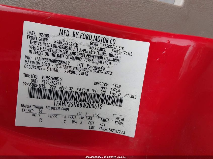 2008 Ford Focus Se/Ses VIN: 1FAHP35N68W200612 Lot: 43862534