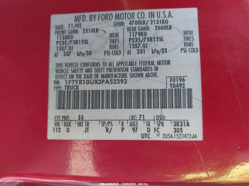 2003 Ford Ranger Edge/Xl/Xlt VIN: 1FTYR10UX3PA52393 Lot: 43862536