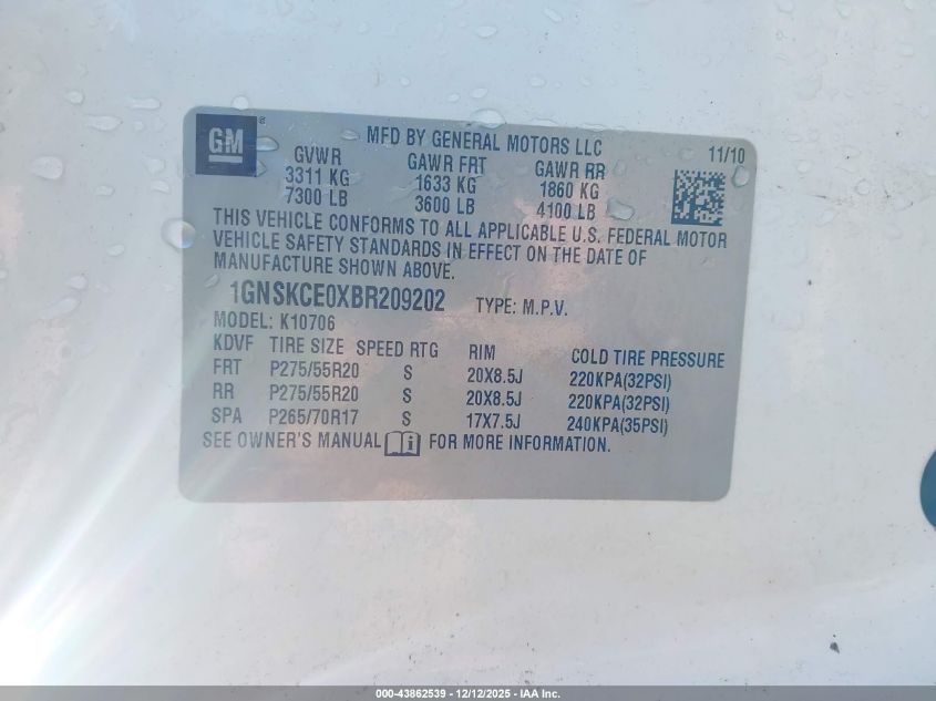 2011 Chevrolet Tahoe Ltz VIN: 1GNSKCE0XBR209202 Lot: 43862539