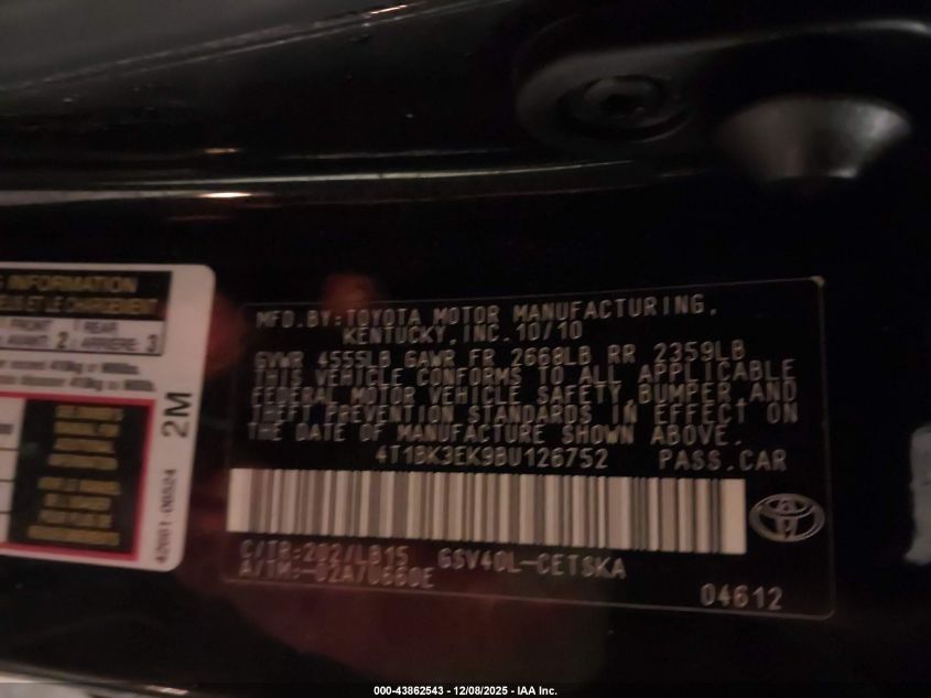 2011 Toyota Camry Se V6 VIN: 4T1BK3EK9BU126752 Lot: 43862543