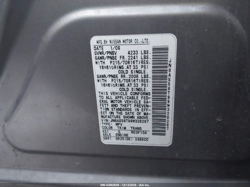 2009 Nissan Rogue S VIN: JN8AS58T99W328297 Lot: 43862549