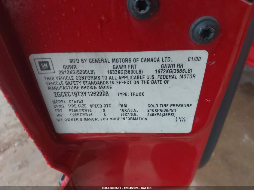 2000 Chevrolet Silverado 1500 Lt VIN: 2GCEC19T3Y1262093 Lot: 43862561
