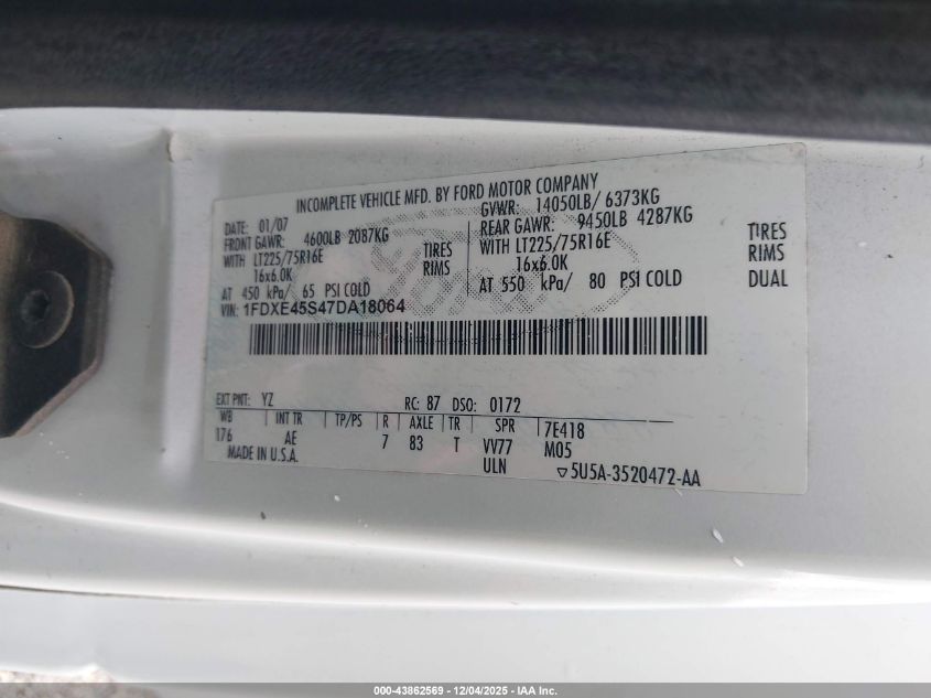 2007 Ford E-450 Cutaway VIN: 1FDXE45S47DA18064 Lot: 43862569