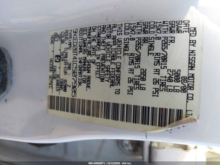 2001 Nissan Xterra Xe-V6 VIN: 5N1ED28T41C507905 Lot: 43862571