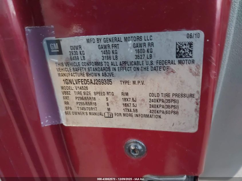2010 Chevrolet Traverse Lt VIN: 1GNLVFED5AJ269305 Lot: 43862570