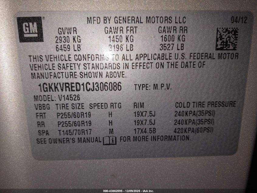 2012 GMC Acadia Slt-1 VIN: 1GKKVRED1CJ306086 Lot: 43862595