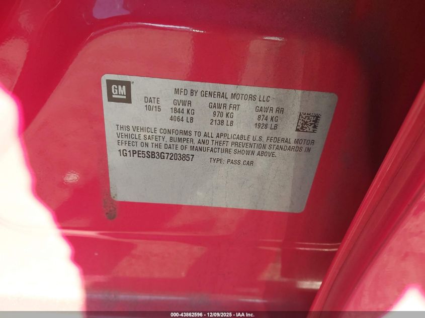 2016 Chevrolet Cruze Limited 1Lt Auto VIN: 1G1PE5SB3G7203857 Lot: 43862596