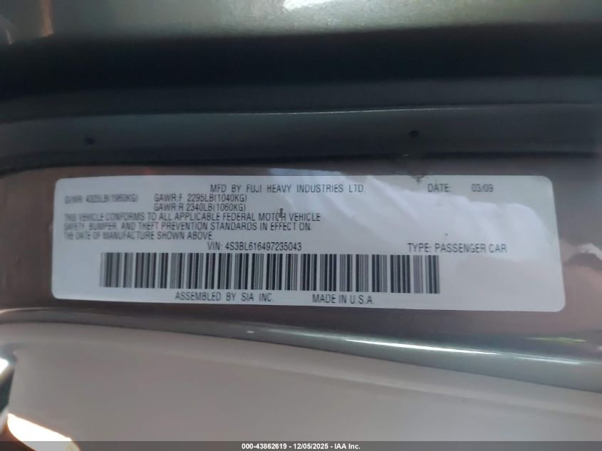 2009 Subaru Legacy 2.5I VIN: 4S3BL616497235043 Lot: 43862619