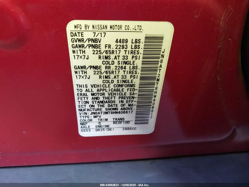 2017 Nissan Rogue Sv VIN: JN8AT2MT8HW406617 Lot: 43862623