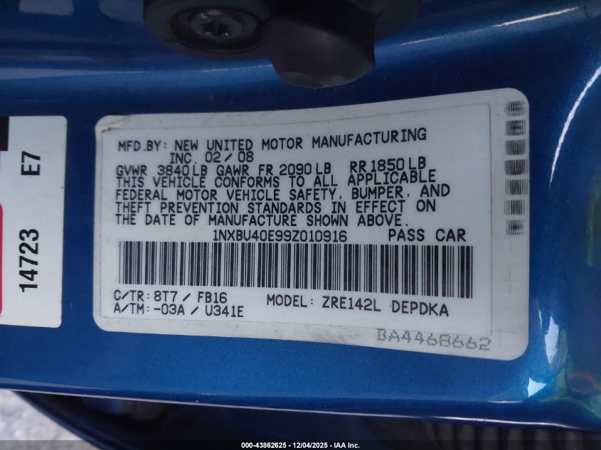 2009 Toyota Corolla Le VIN: 1NXBU40E99Z010916 Lot: 43862625